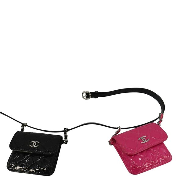 Chanel  CC Double Mini Flap Patent Quilted Leather Chain Waist Bag Black Pink - Picture 1 of 16